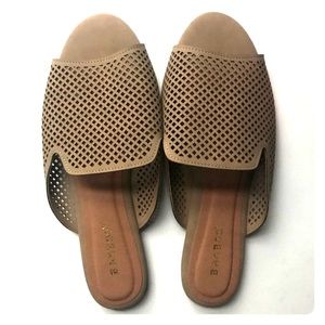 Perforated Nubuck Peep Toe Flat Mule Sandal
